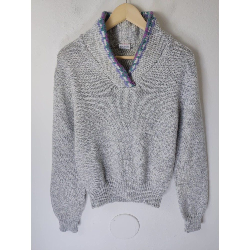 Currants By Jeri-Jo Vintage Gray Wool Blend Shawl Neck Chunky Pullover Sweater L